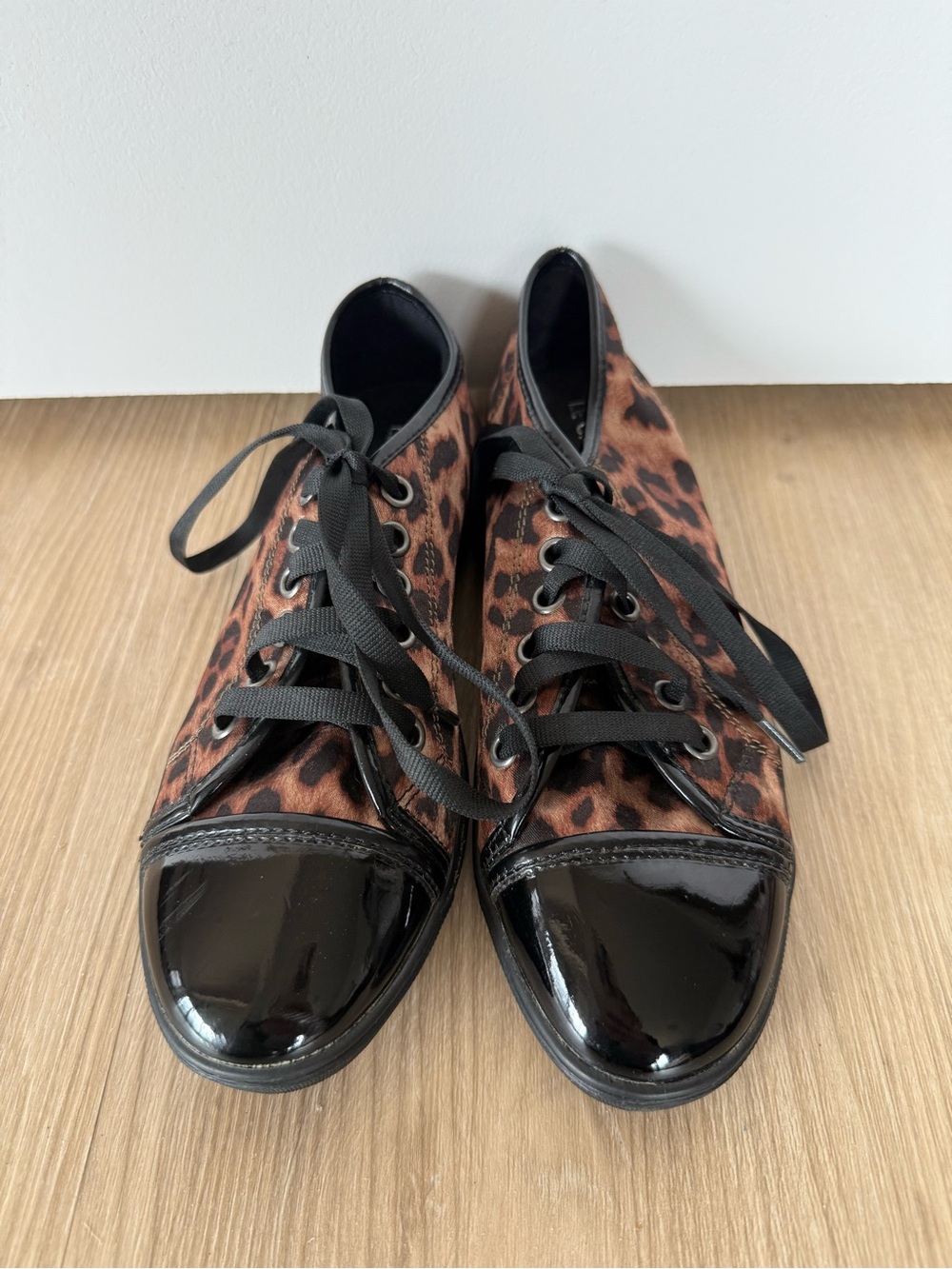 le chateau Leopard Lace-Up Boots with Black Patent Toecap
